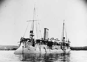 Historical photo of French torpedo cruiser Condor in 1896 modernized with two masts and with shields on her small guns
