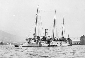 Historical postcard of French torpedo cruiser Condor in front of the Mourillon shipbuilding ways at Toulon