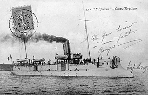 Historical postcard of French torpedo cruiser Epervier modernized with two masts