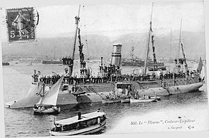 Historical postcard of French torpedo cruiser Fleurus, probably during a visit to Toulon with the Escadre du Nord
