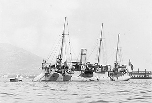 Historical photo of French torpedo cruiser Vautour off Mourillon at Toulon with one and a half identification bands on her funnel