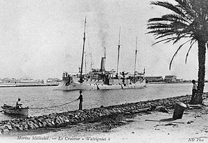 Historical postcard of French torpedo cruiser Wattignies in the canal at Bizerte