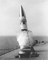 An A-3 Polaris missile launch from USS Observation Island circa 1963