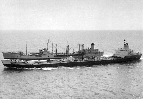 MV Falcon Lady (later USNS Columbia, T-AO 182) probably with USNS Taluga (T-AO 62) circa 1974-75.